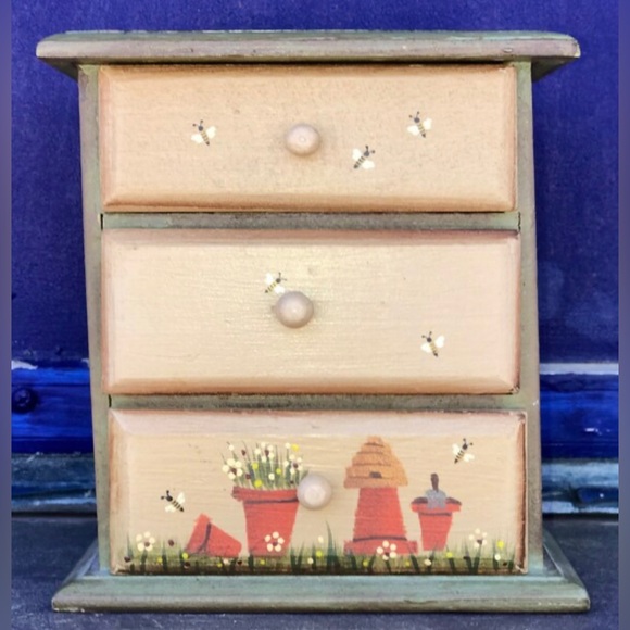 Vintage Wooden Hand Painted 3 Drawer Tiers Honeybee Hive HERB STORAGE Spice Box - Picture 4 of 10